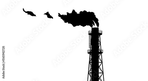 Silhouette of an industrial smokestack emitting dark smoke against a white background.