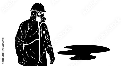 A person in protective gear observes a spill of dark liquid.