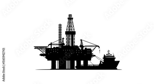 Silhouette of an offshore oil rig platform connected to a supply vessel, isolated on white.