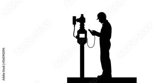 Silhouette of a worker inspecting a utility pole-mounted device.