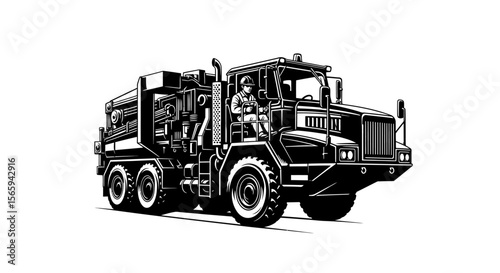 A heavy-duty military-style truck, driven by a worker, illustrated in a stark black and white style.