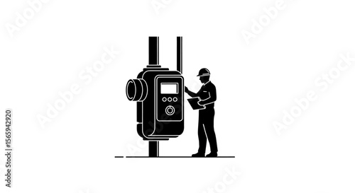 Silhouette of a worker inspecting a large industrial meter with a clipboard.