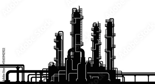 Silhouetted industrial complex, showing refinery towers and pipelines.