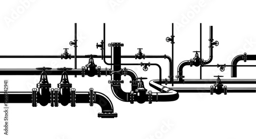 Complex network of industrial pipes and valves, detailed technical illustration.