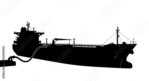 Large oil tanker undergoing loading or unloading process, depicted in a stark black silhouette against a white background.
