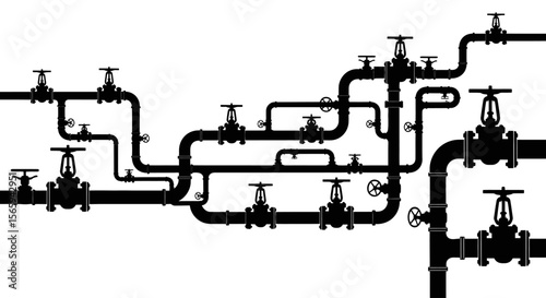 Black silhouette of complex piping system with valves and joints against a white background.