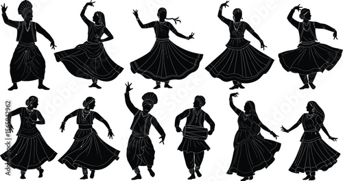 Graceful silhouettes capture Indian dancers performing traditional folk dance choreography in artistic poses and rhythmic movement.