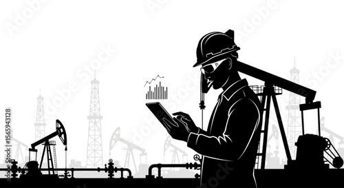 Oil field worker using a tablet, monitoring production at an oil rig.