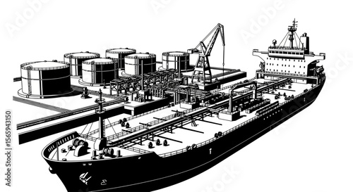 A black and white illustration of an oil tanker at a loading dock with storage tanks.