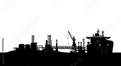 Silhouette of an industrial port scene featuring a large tanker ship.