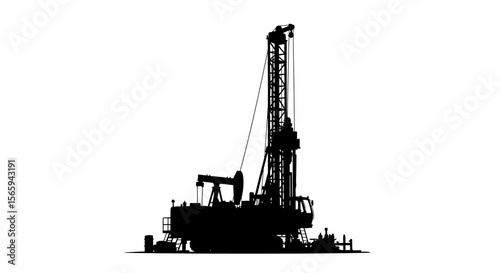 Silhouette of a drilling rig, showcasing its machinery and structural components against a white background.