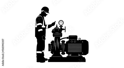 Silhouette of a worker inspecting a large industrial pump.