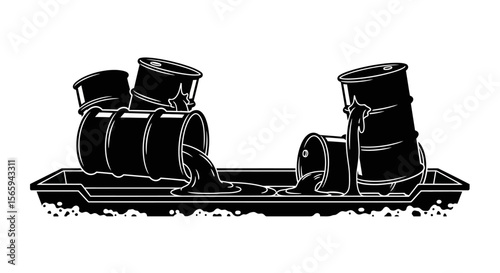 Oil barrels spilling hazardous liquid into a containment tray.