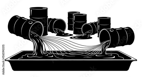 Illustration depicts oil barrels spilling and contaminating a contained area, showing pollution.
