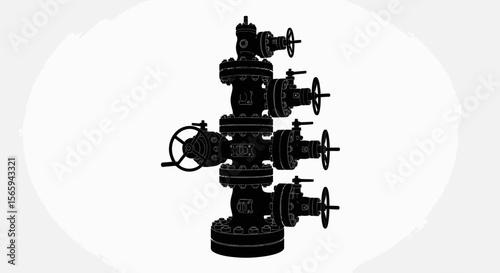 Silhouette of an oil wellhead, featuring multiple valves and pipes, set against a white background.
