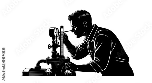 A focused industrial worker examines a complex machine's gauges, likely a steam engine or similar mechanism.