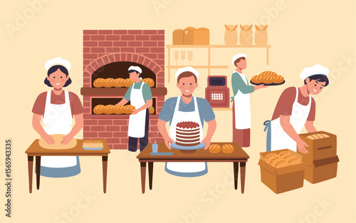 Bakery Bakers Preparing Bread, Cakes, and Pastries in a Traditional Brick Oven Setting