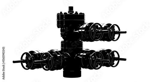 A complex, industrial wellhead assembly with multiple valves and control wheels, isolated on a white background.