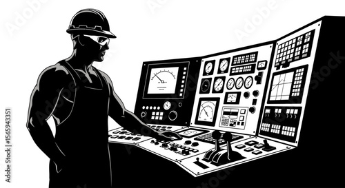 A silhouetted worker operates a complex control panel, focused on instruments.