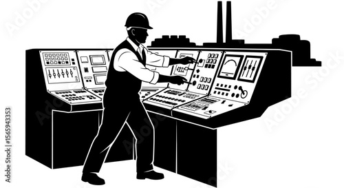 Worker operating control panel at an industrial facility, wearing hard hat.