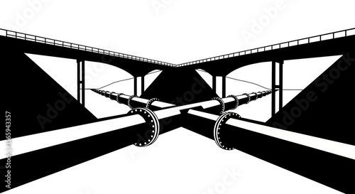 A black and white illustration of two intersecting bridges with pipelines.