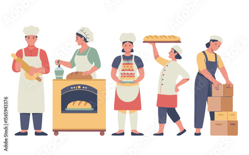 Bakery Staff Bakers With Bread, Cake, and Oven, Packaging Boxes, Simple Flat