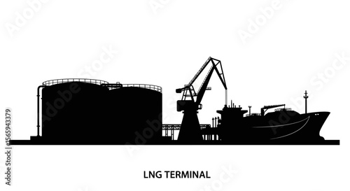 Silhouette of an LNG terminal with a tanker undergoing loading or unloading operations.
