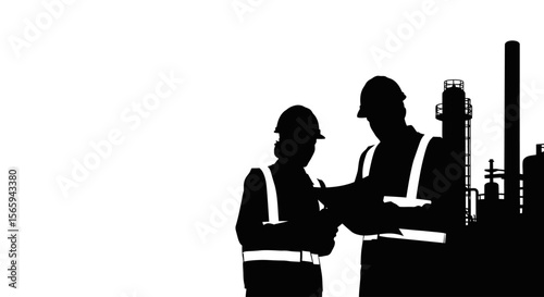 Silhouette of two construction workers reviewing plans near industrial structures.