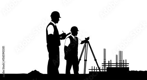 Silhouette of two construction workers, one taking notes and the other using surveying equipment at a building site.