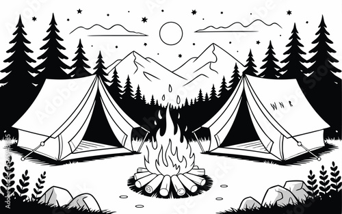 Black and White Camping Tents, Campfire, Mountains, Forest, Moon, and Stars Illustration