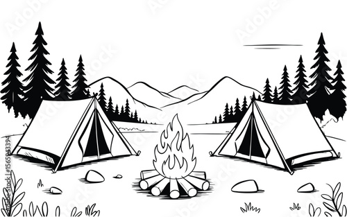 Black and White Camping Tents, Campfire, Trees, and Mountains Illustration Style