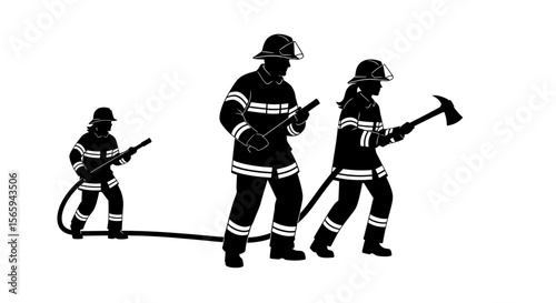 Three firefighters, silhouetted, bravely battling a blaze, wielding hoses and an axe.