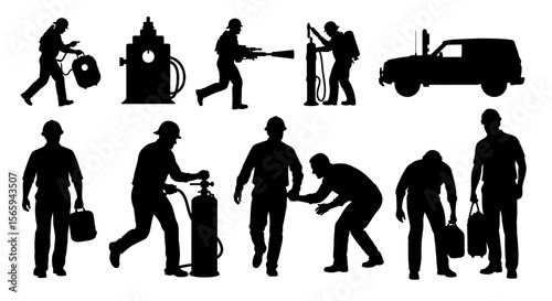 Silhouette illustrations of various workers in different professions, including firefighters, mechanics, and gas station attendants.