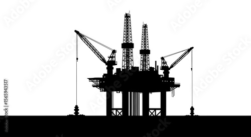 Silhouette of an offshore oil drilling platform with derricks against a white background.