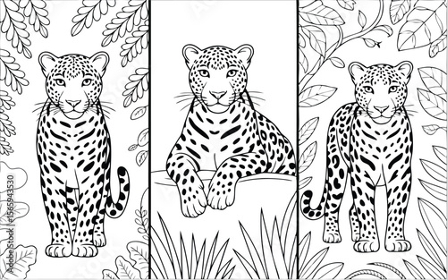 Black and White Line Art of Three Leopards Amidst Lush Foliage for Coloring Pages