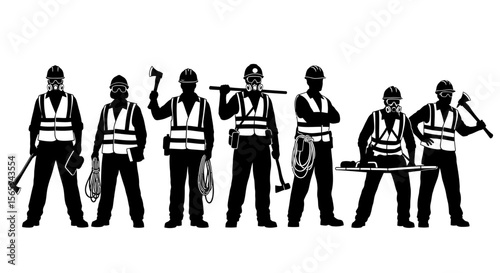 Seven construction workers in silhouette, each holding various tools and wearing safety gear.