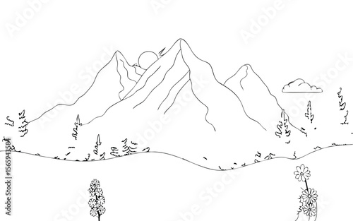 Black and White Mountain Range Landscape Drawing with Sun, Trees, Cloud and Flowers