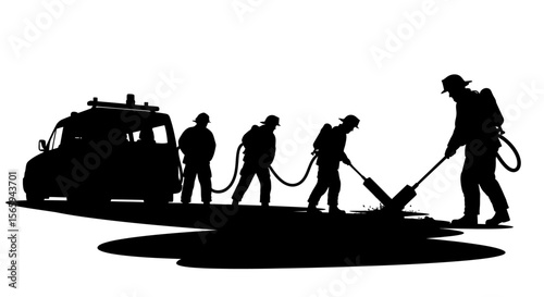 Firefighters in silhouette, responding to a hazardous spill, using specialized equipment near their emergency vehicle.