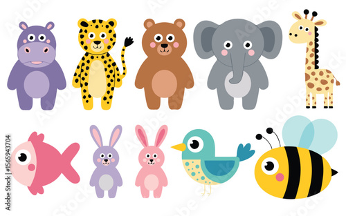 Cartoon Animals Hippo, Leopard, Bear, Elephant, Giraffe, Fish, Bunnies, Bird, and Bee on White Background