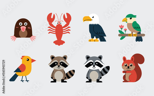 Cartoon Animals Mole, Lobster, Eagle, Exotic Bird, Goldfinch, Raccoons, and Squirrel Illustrations