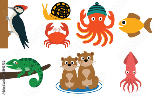 Cartoon Animals Woodpecker, Snail, Crab, Octopus, Fish, Chameleon, Otters, and Squid Compilation