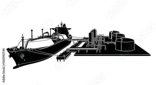 Silhouette of a large tanker ship transferring cargo at a refinery complex.