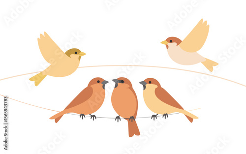 Cartoon Birds Illustration Three Sparrows Perched on a Line, Two Flying Above