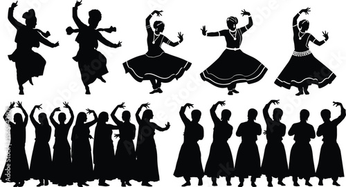Dancers silhouette showcase traditional Indian Bharatnatyam dance poses in formal attire, reflecting culture and artistic movement.
