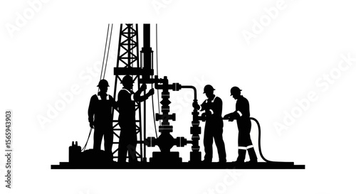 Silhouetted workers operating oil rig equipment, performing maintenance tasks.