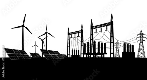 Silhouette of wind turbines, solar panels, and power lines against a white background, representing renewable energy and electricity generation.