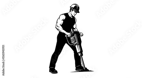 A worker in a hard hat operates a jackhammer, focused on a construction task.