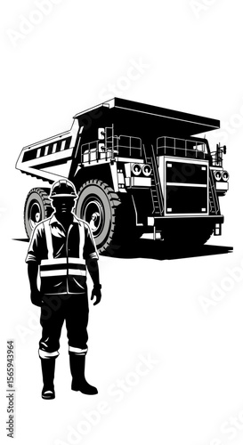 A worker in safety gear stands before a large mining dump truck, both depicted in a high-contrast black and white illustration.