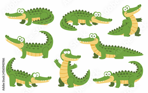 Cartoon Green Alligators Playful Poses on White Background, Children's Illustration, Animal Design