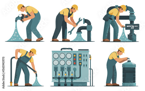 Cartoon Featuring a Plumber Performing Various Water Treatment Tasks with Pipes and Machinery